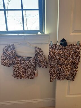 Floral Puff Sleeve Crop Top and Skirt Set - Brown Multi
